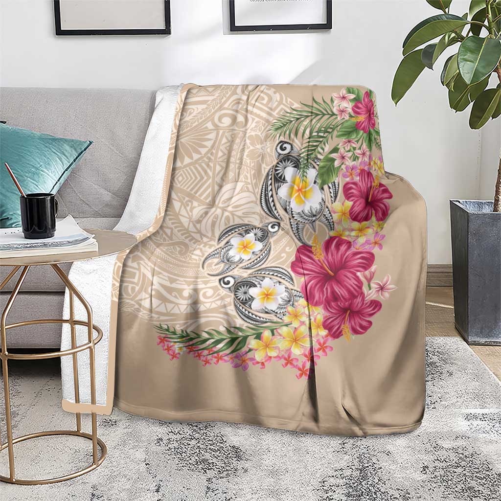 Hawaiian Tropical Flowers and Tribal Turtles Blanket Polynesian Art Motifs Beige Color - Polynesian Pride