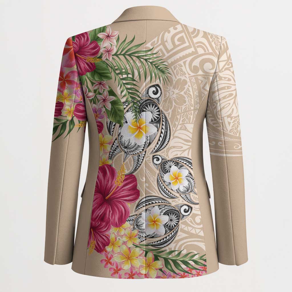 Hawaiian Tropical Flowers and Tribal Turtles Blazer Polynesian Art Motifs Beige Color - Polynesian Pride