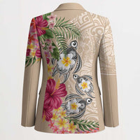 Hawaiian Tropical Flowers and Tribal Turtles Blazer Polynesian Art Motifs Beige Color - Polynesian Pride
