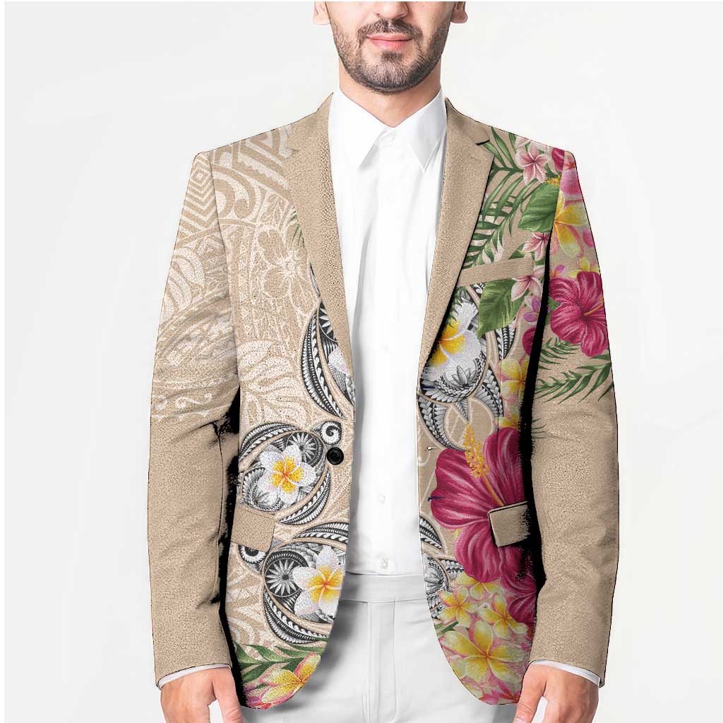 Hawaiian Tropical Flowers and Tribal Turtles Blazer Polynesian Art Motifs Beige Color - Polynesian Pride