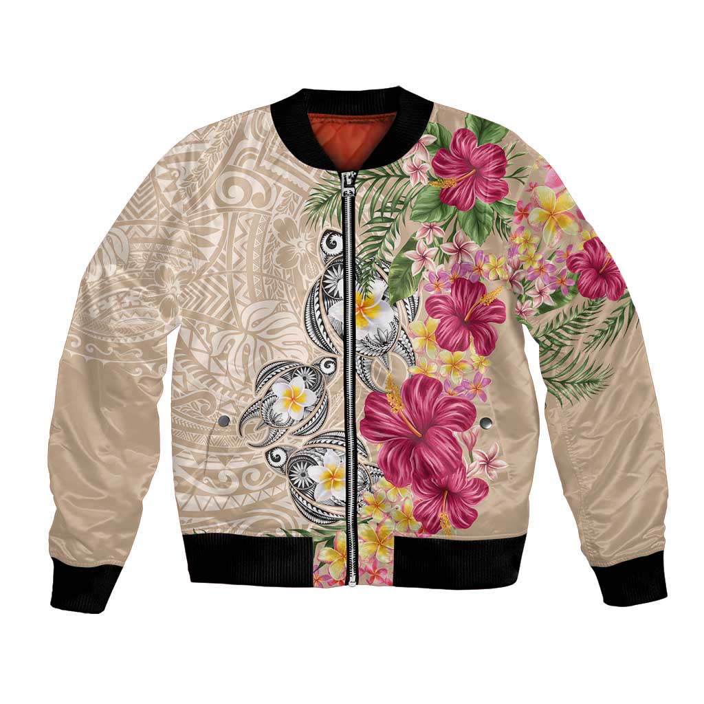 Hawaiian Tropical Flowers and Tribal Turtles Bomber Jacket Polynesian Art Motifs Beige Color - Polynesian Pride