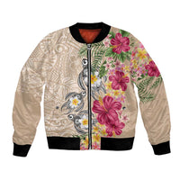 Hawaiian Tropical Flowers and Tribal Turtles Bomber Jacket Polynesian Art Motifs Beige Color - Polynesian Pride