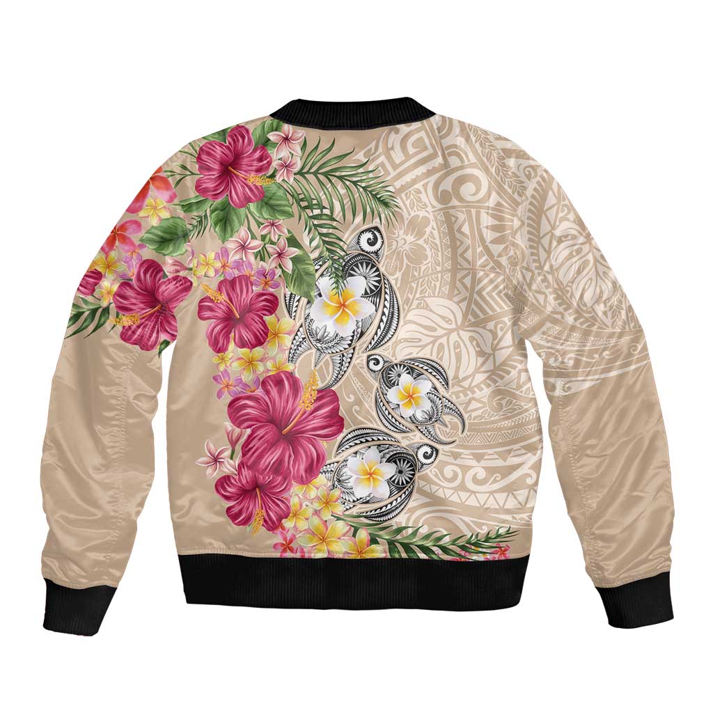 Hawaiian Tropical Flowers and Tribal Turtles Bomber Jacket Polynesian Art Motifs Beige Color - Polynesian Pride