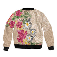 Hawaiian Tropical Flowers and Tribal Turtles Bomber Jacket Polynesian Art Motifs Beige Color - Polynesian Pride