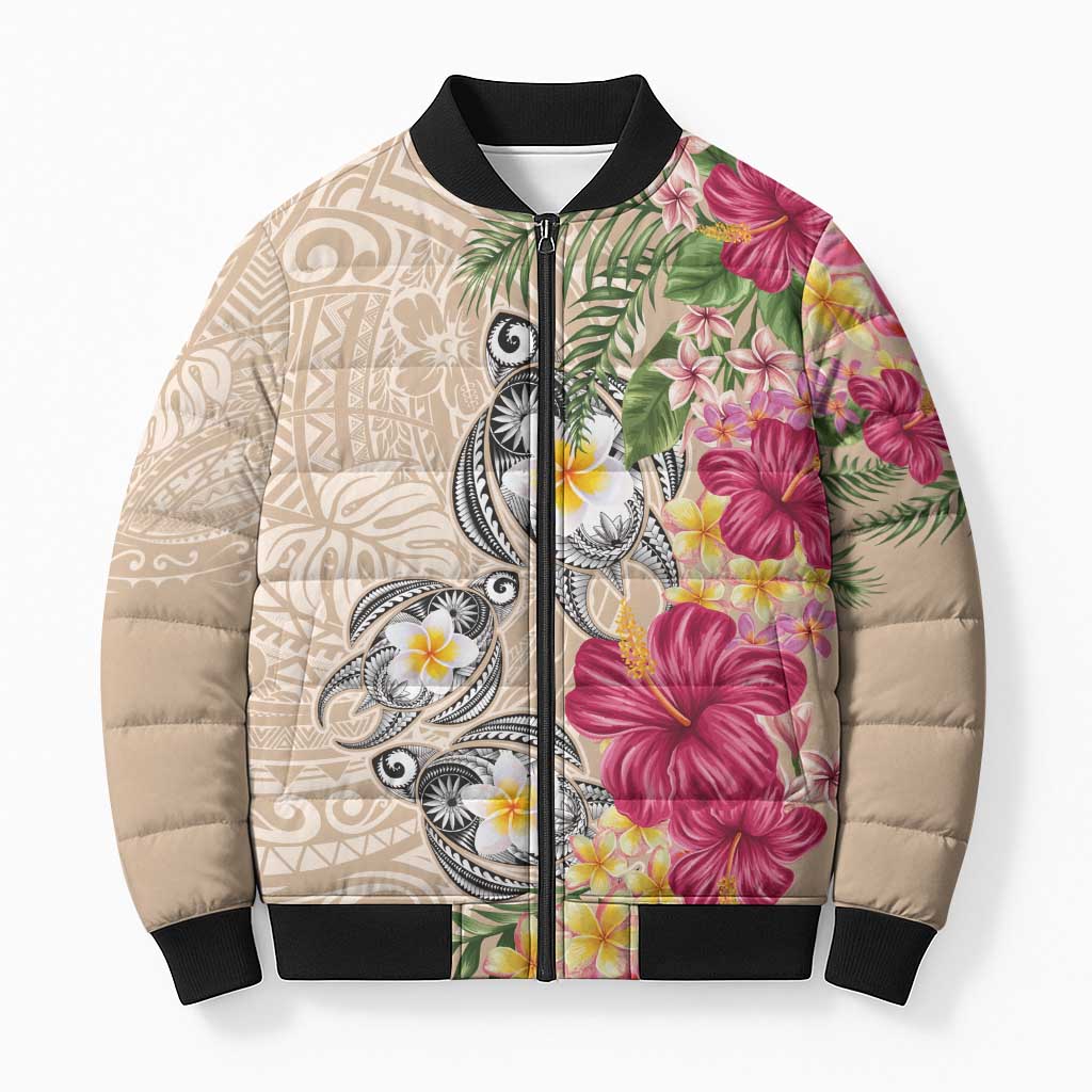 Hawaiian Tropical Flowers and Tribal Turtles Bomber Puffer Jacket Polynesian Art Motifs Beige Color - Polynesian Pride