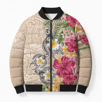 Hawaiian Tropical Flowers and Tribal Turtles Bomber Puffer Jacket Polynesian Art Motifs Beige Color - Polynesian Pride