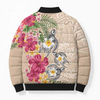 Hawaiian Tropical Flowers and Tribal Turtles Bomber Puffer Jacket Polynesian Art Motifs Beige Color - Polynesian Pride