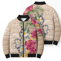 Hawaiian Tropical Flowers and Tribal Turtles Bomber Puffer Jacket Polynesian Art Motifs Beige Color - Polynesian Pride