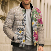 Hawaiian Tropical Flowers and Tribal Turtles Bomber Puffer Jacket Polynesian Art Motifs Beige Color - Polynesian Pride