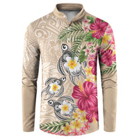 Hawaiian Tropical Flowers and Tribal Turtles Button Sweatshirt Polynesian Art Motifs Beige Color - Polynesian Pride