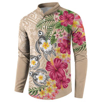 Hawaiian Tropical Flowers and Tribal Turtles Button Sweatshirt Polynesian Art Motifs Beige Color - Polynesian Pride
