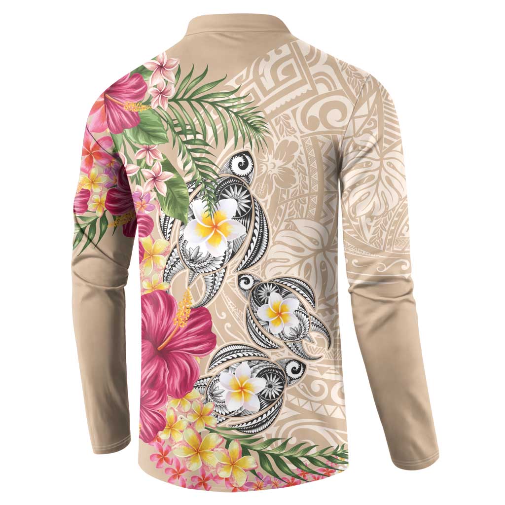 Hawaiian Tropical Flowers and Tribal Turtles Button Sweatshirt Polynesian Art Motifs Beige Color - Polynesian Pride