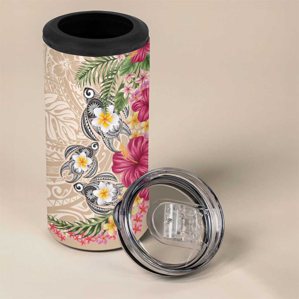 Hawaiian Tropical Flowers and Tribal Turtles 4 in 1 Can Cooler Tumbler Polynesian Art Motifs Beige Color - Polynesian Pride
