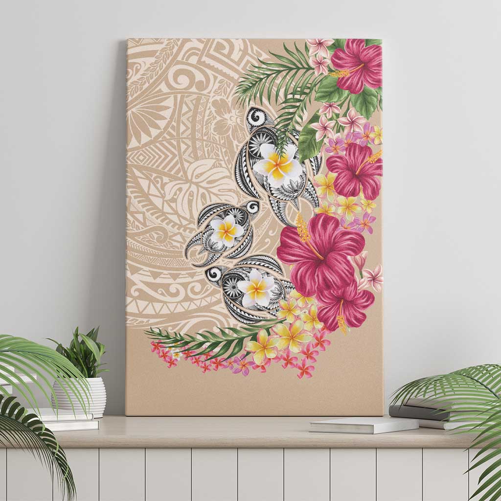 Hawaiian Tropical Flowers and Tribal Turtles Canvas Wall Art Polynesian Art Motifs Beige Color - Polynesian Pride