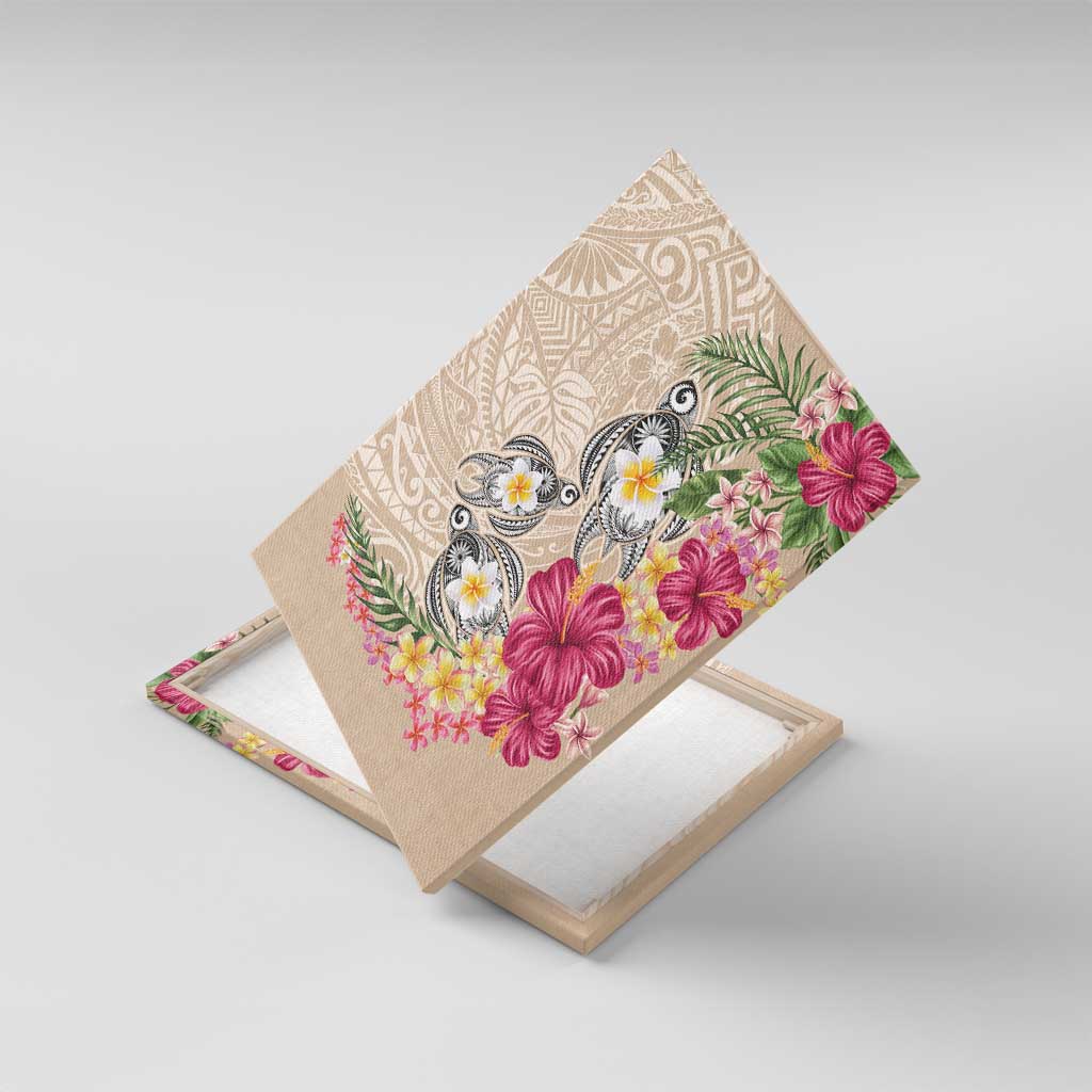 Hawaiian Tropical Flowers and Tribal Turtles Canvas Wall Art Polynesian Art Motifs Beige Color - Polynesian Pride