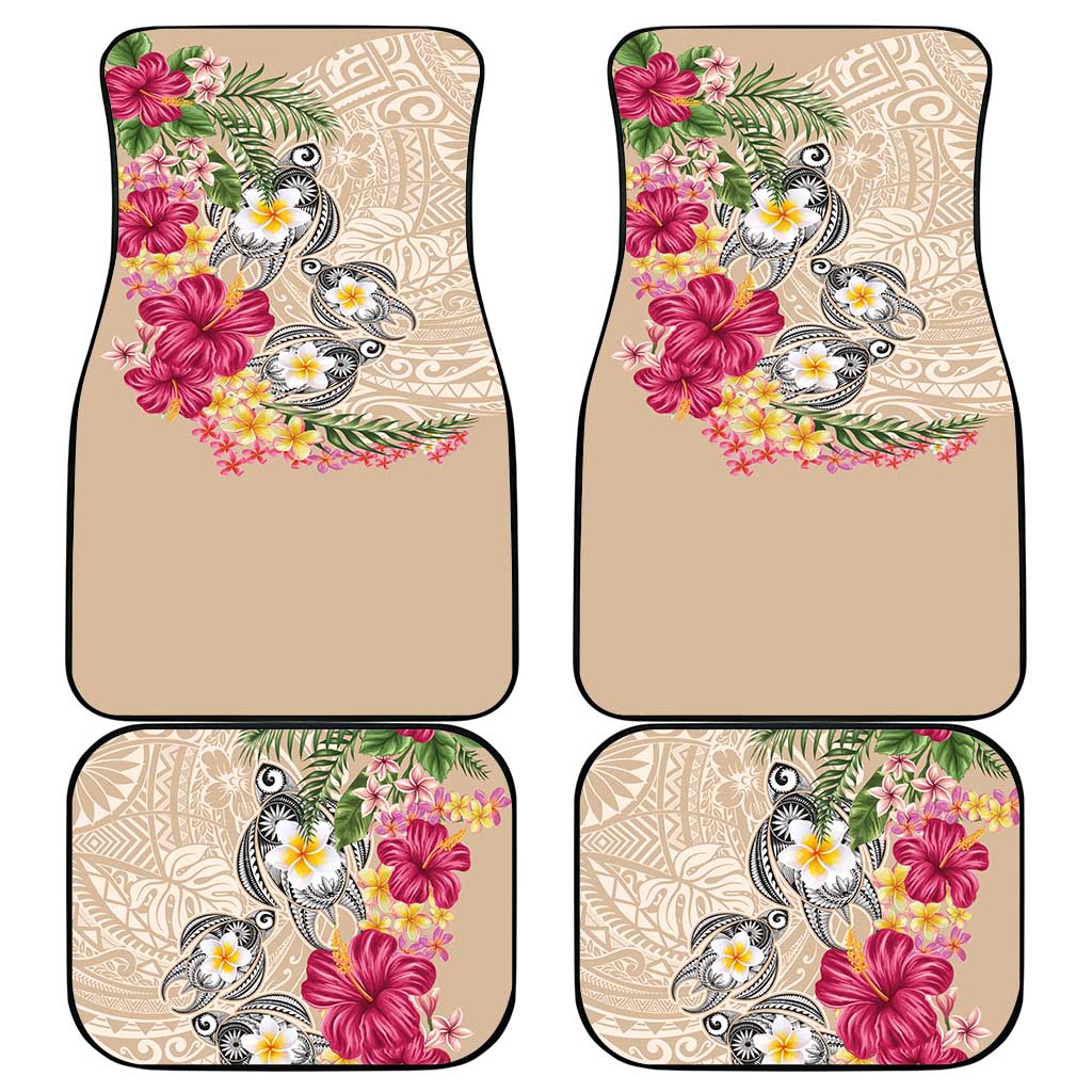 Hawaiian Tropical Flowers and Tribal Turtles Car Mats Polynesian Art Motifs Beige Color - Polynesian Pride