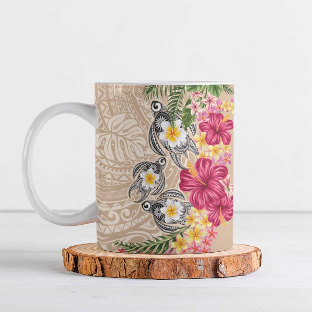 Hawaiian Tropical Flowers and Tribal Turtles Ceramic Mug Polynesian Art Motifs Beige Color - Polynesian Pride