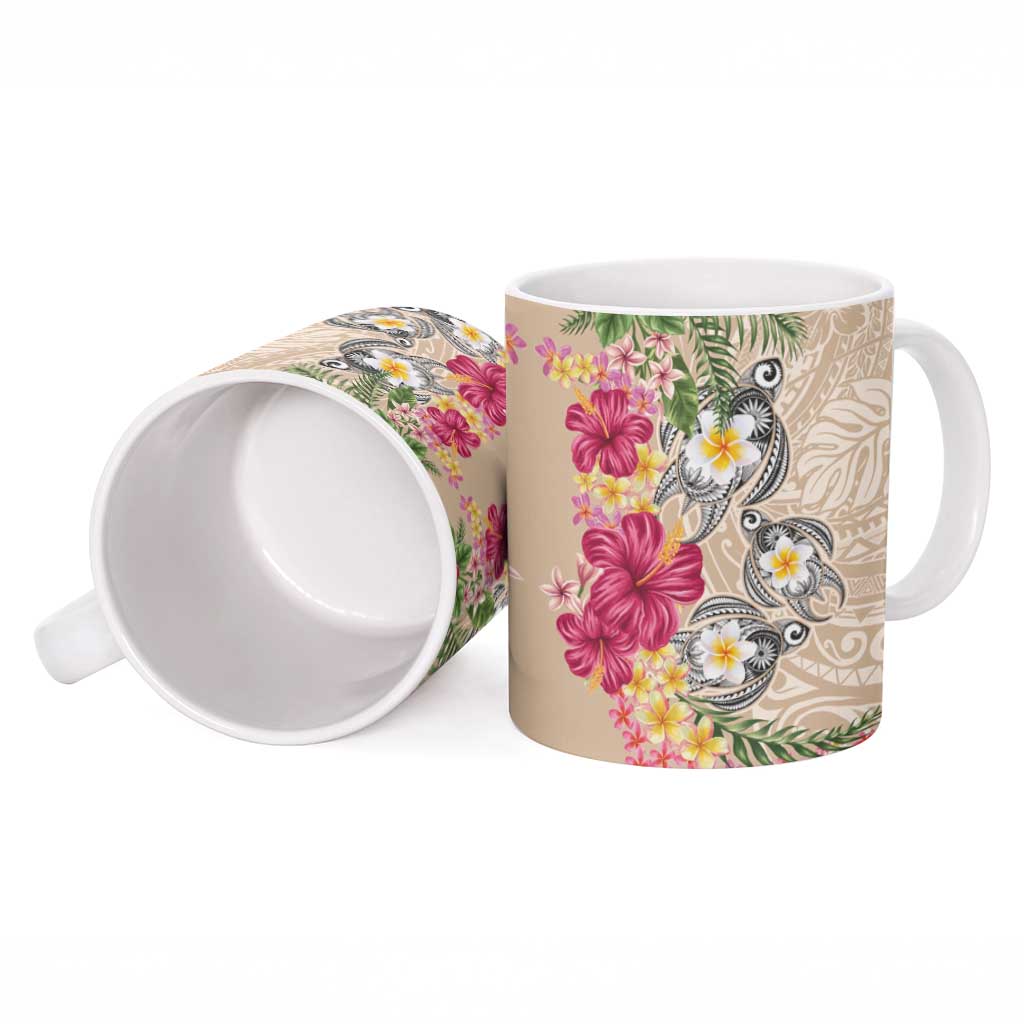 Hawaiian Tropical Flowers and Tribal Turtles Ceramic Mug Polynesian Art Motifs Beige Color - Polynesian Pride