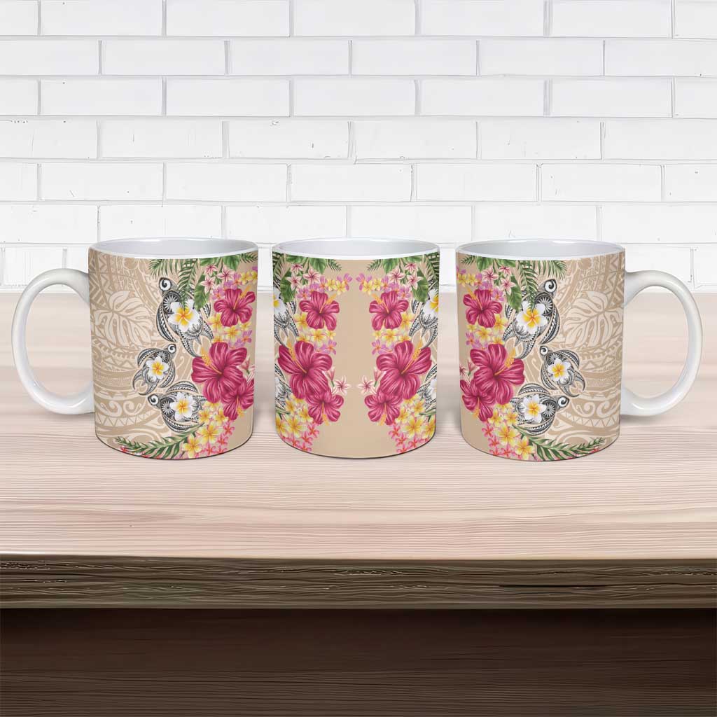 Hawaiian Tropical Flowers and Tribal Turtles Ceramic Mug Polynesian Art Motifs Beige Color - Polynesian Pride