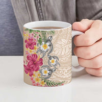 Hawaiian Tropical Flowers and Tribal Turtles Ceramic Mug Polynesian Art Motifs Beige Color - Polynesian Pride