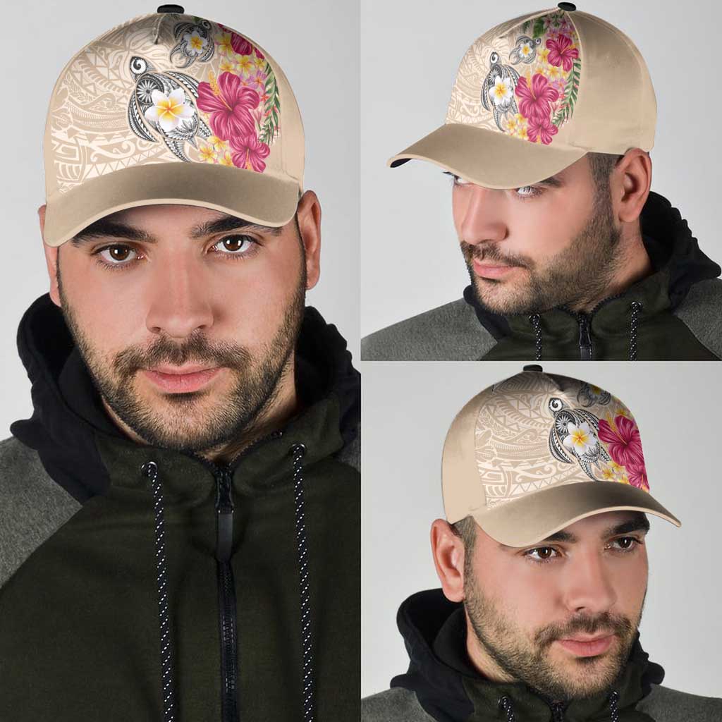 Hawaiian Tropical Flowers and Tribal Turtles Classic Cap Polynesian Art Motifs Beige Color - Polynesian Pride