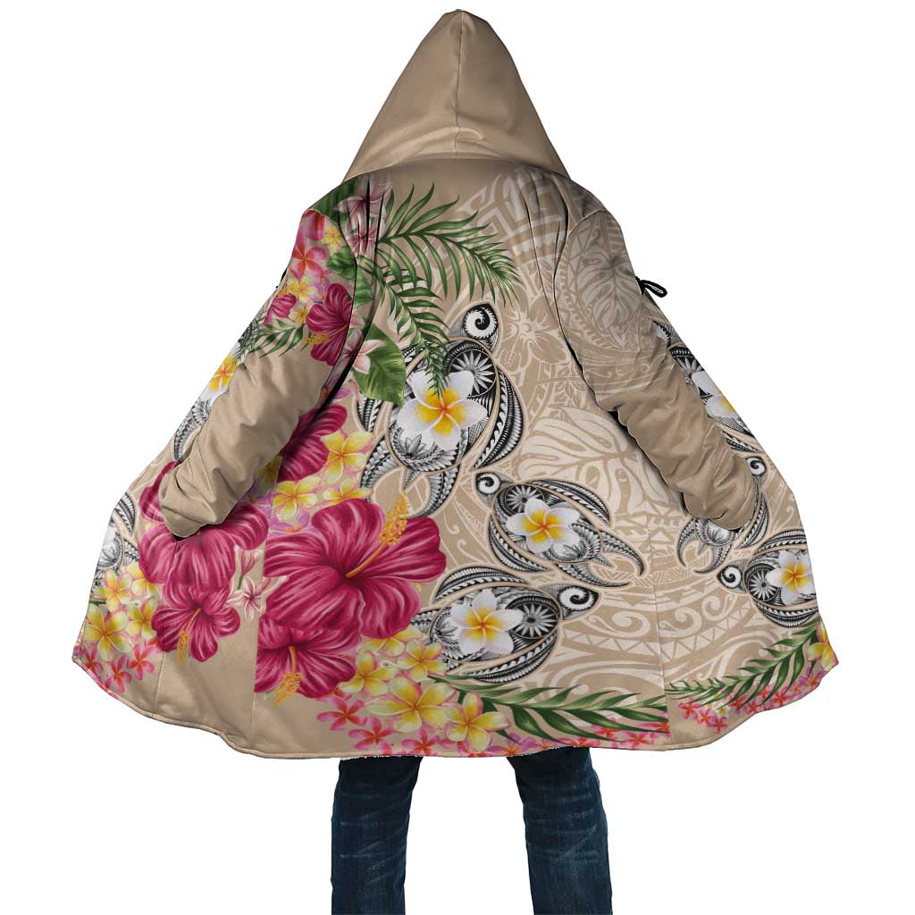 Hawaiian Tropical Flowers and Tribal Turtles Cloak Polynesian Art Motifs Beige Color - Polynesian Pride