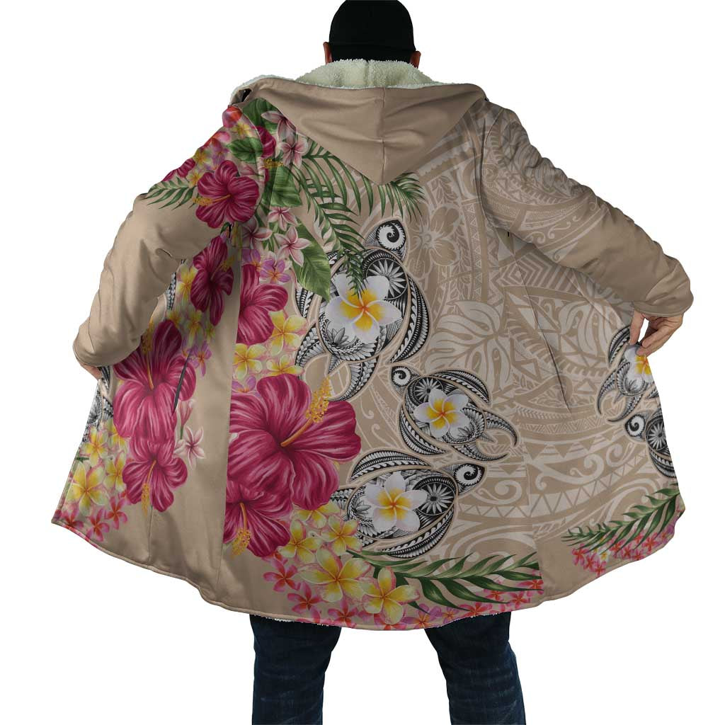 Hawaiian Tropical Flowers and Tribal Turtles Cloak Polynesian Art Motifs Beige Color - Polynesian Pride