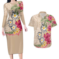Hawaiian Tropical Flowers and Tribal Turtles Couples Matching Long Sleeve Bodycon Dress and Hawaiian Shirt Polynesian Art Motifs Beige Color - Polynesian Pride