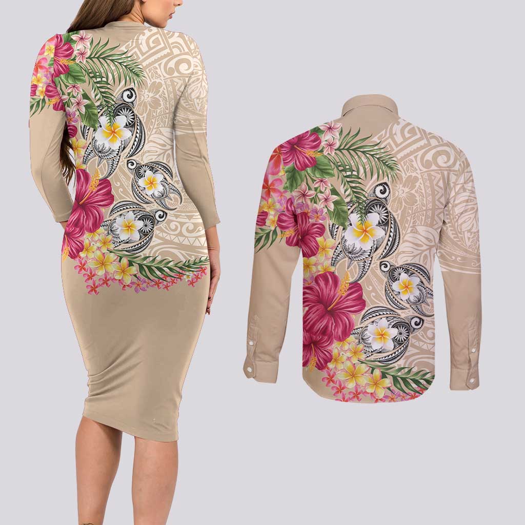 Hawaiian Tropical Flowers and Tribal Turtles Couples Matching Long Sleeve Bodycon Dress and Long Sleeve Button Shirt Polynesian Art Motifs Beige Color - Polynesian Pride