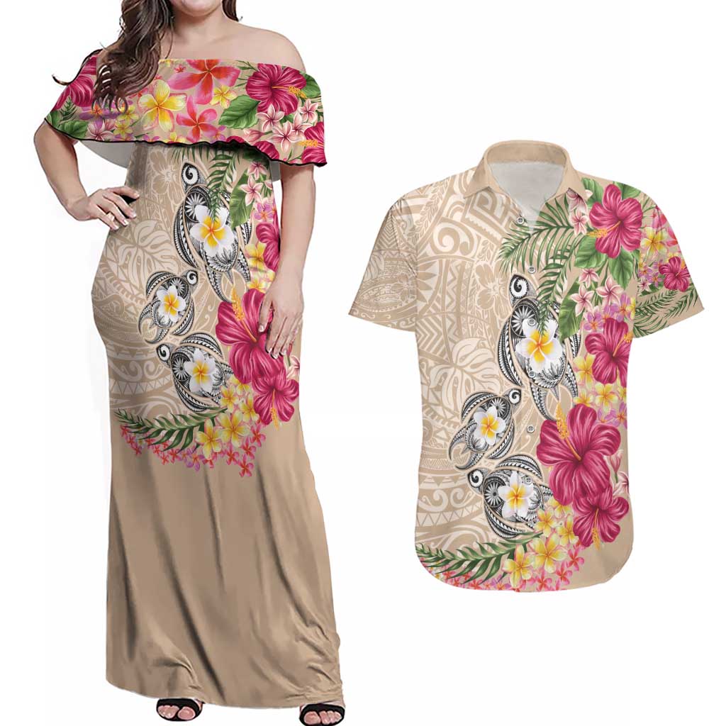 Hawaiian Tropical Flowers and Tribal Turtles Couples Matching Off Shoulder Maxi Dress and Hawaiian Shirt Polynesian Art Motifs Beige Color - Polynesian Pride
