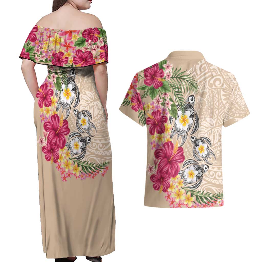 Hawaiian Tropical Flowers and Tribal Turtles Couples Matching Off Shoulder Maxi Dress and Hawaiian Shirt Polynesian Art Motifs Beige Color - Polynesian Pride