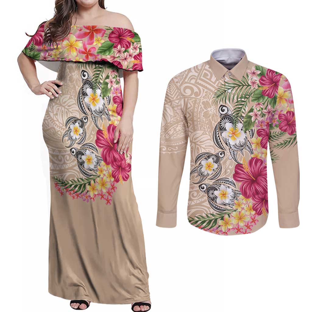 Hawaiian Tropical Flowers and Tribal Turtles Couples Matching Off Shoulder Maxi Dress and Long Sleeve Button Shirt Polynesian Art Motifs Beige Color - Polynesian Pride