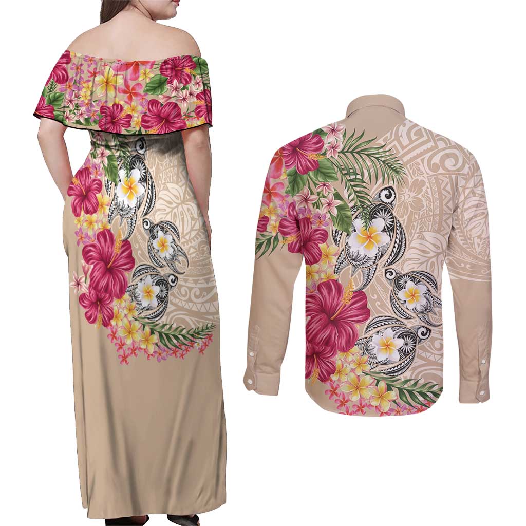 Hawaiian Tropical Flowers and Tribal Turtles Couples Matching Off Shoulder Maxi Dress and Long Sleeve Button Shirt Polynesian Art Motifs Beige Color - Polynesian Pride