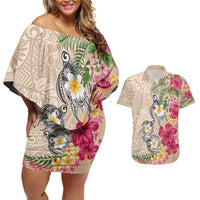 Hawaiian Tropical Flowers and Tribal Turtles Couples Matching Off Shoulder Short Dress and Hawaiian Shirt Polynesian Art Motifs Beige Color - Polynesian Pride