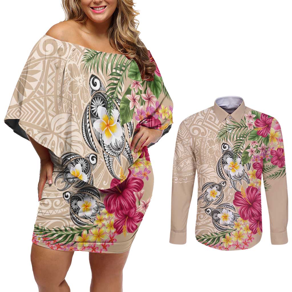 Hawaiian Tropical Flowers and Tribal Turtles Couples Matching Off Shoulder Short Dress and Long Sleeve Button Shirt Polynesian Art Motifs Beige Color - Polynesian Pride