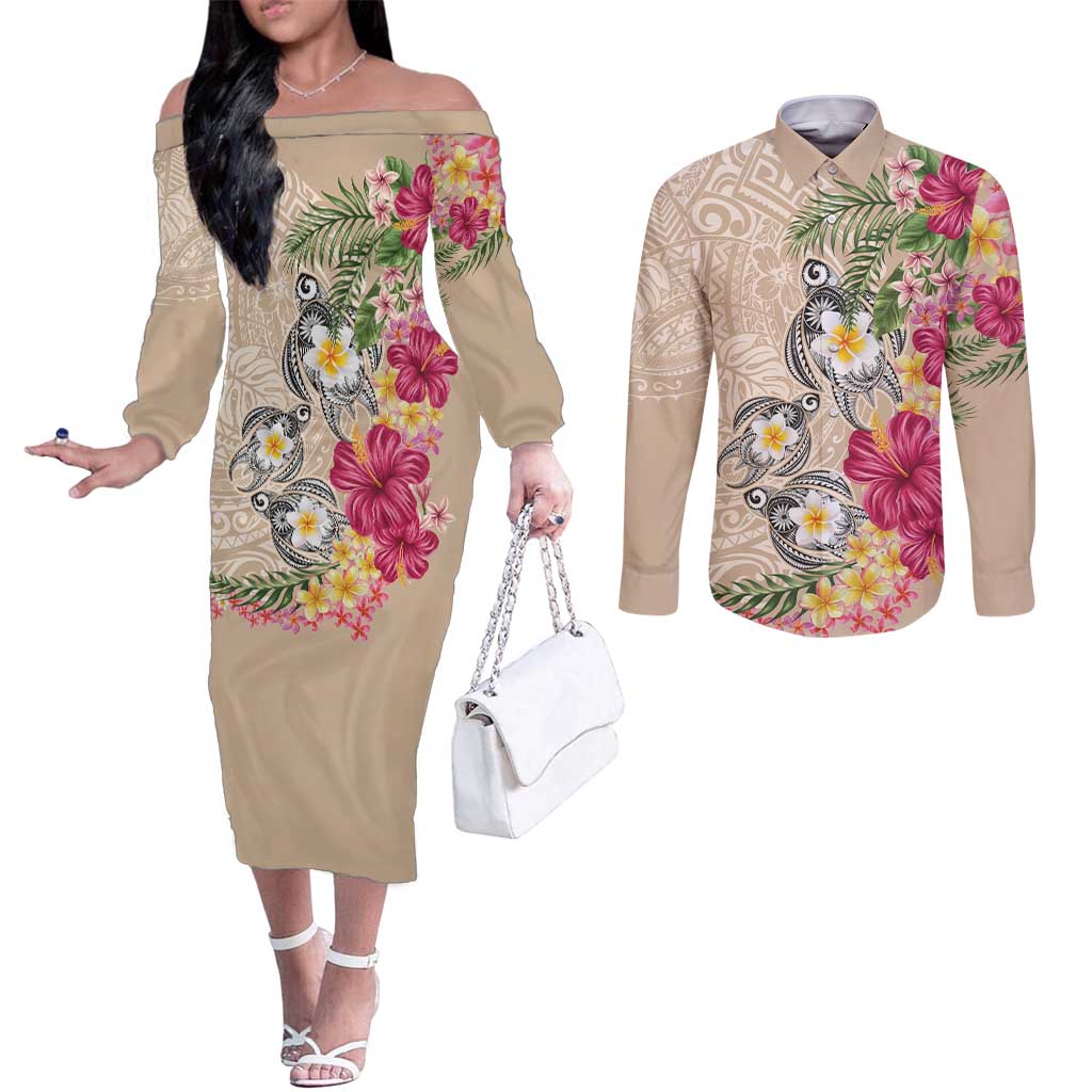 Hawaiian Tropical Flowers and Tribal Turtles Couples Matching Off The Shoulder Long Sleeve Dress and Long Sleeve Button Shirt Polynesian Art Motifs Beige Color - Polynesian Pride