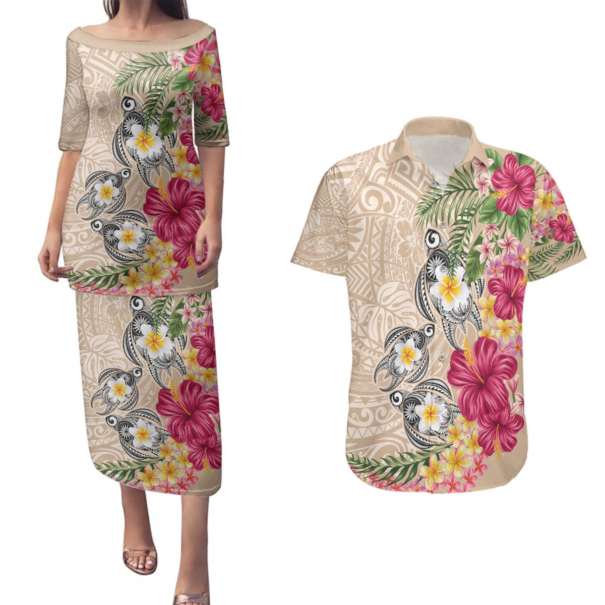 Hawaiian Tropical Flowers and Tribal Turtles Couples Matching Puletasi and Hawaiian Shirt Polynesian Art Motifs Beige Color - Polynesian Pride