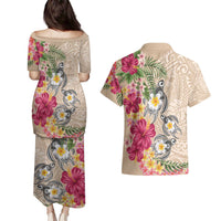 Hawaiian Tropical Flowers and Tribal Turtles Couples Matching Puletasi and Hawaiian Shirt Polynesian Art Motifs Beige Color - Polynesian Pride