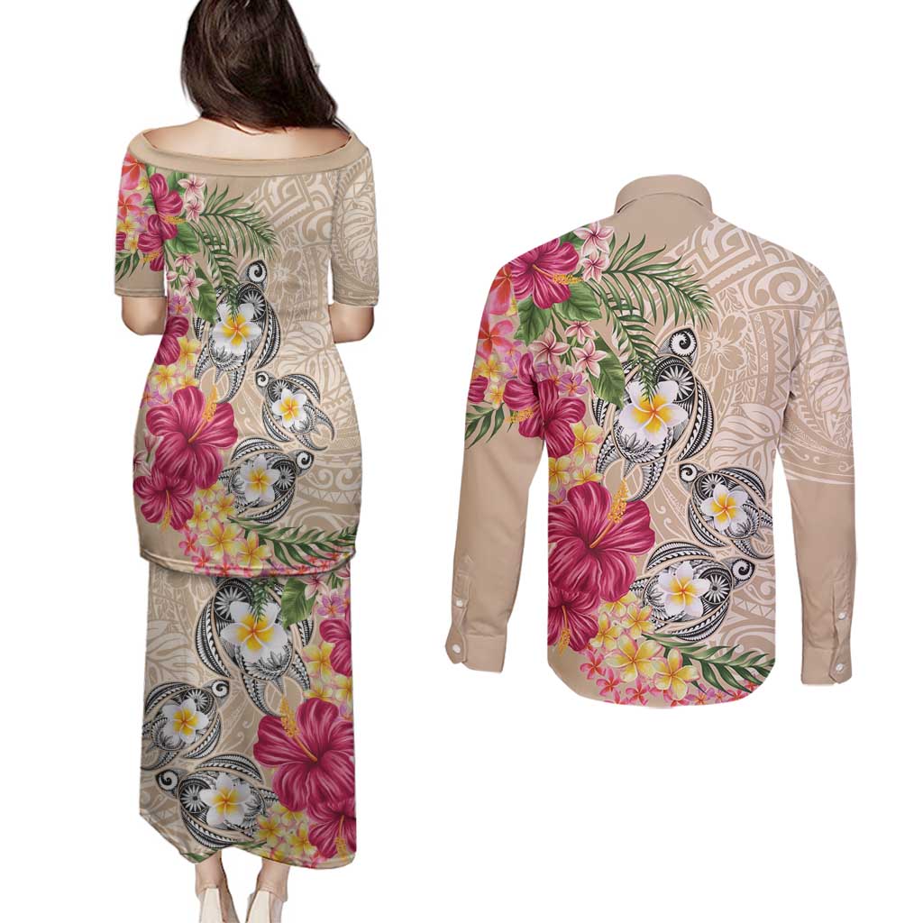 Hawaiian Tropical Flowers and Tribal Turtles Couples Matching Puletasi and Long Sleeve Button Shirt Polynesian Art Motifs Beige Color - Polynesian Pride