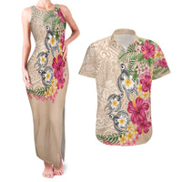 Hawaiian Tropical Flowers and Tribal Turtles Couples Matching Tank Maxi Dress and Hawaiian Shirt Polynesian Art Motifs Beige Color - Polynesian Pride