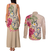 Hawaiian Tropical Flowers and Tribal Turtles Couples Matching Tank Maxi Dress and Long Sleeve Button Shirt Polynesian Art Motifs Beige Color - Polynesian Pride