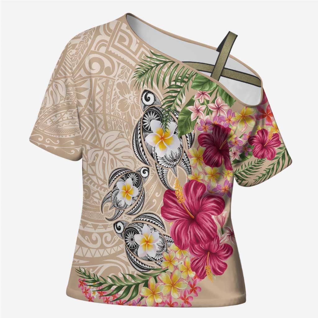 Hawaiian Tropical Flowers and Tribal Turtles Cross Shoulder Shirt Polynesian Art Motifs Beige Color - Polynesian Pride