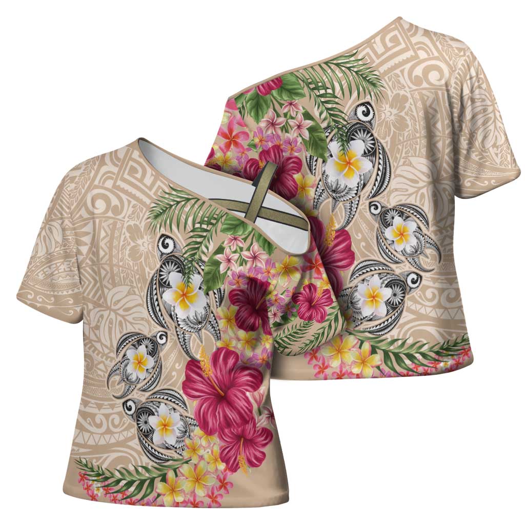 Hawaiian Tropical Flowers and Tribal Turtles Cross Shoulder Shirt Polynesian Art Motifs Beige Color - Polynesian Pride