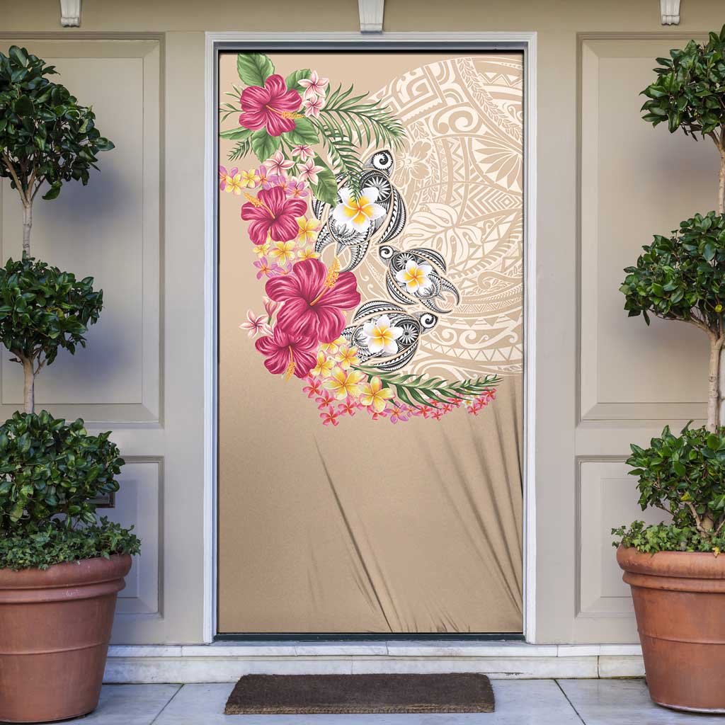 Hawaiian Tropical Flowers and Tribal Turtles Door Cover Polynesian Art Motifs Beige Color - Polynesian Pride