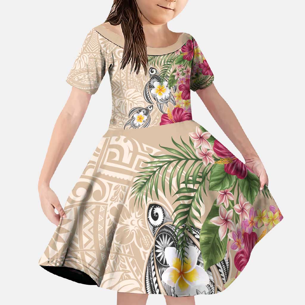 Hawaiian Tropical Flowers and Tribal Turtles Family Matching Long Sleeve Bodycon Dress and Hawaiian Shirt Polynesian Art Motifs Beige Color - Polynesian Pride