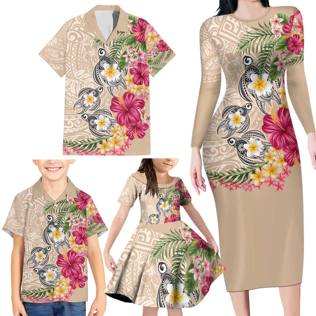 Hawaiian Tropical Flowers and Tribal Turtles Family Matching Long Sleeve Bodycon Dress and Hawaiian Shirt Polynesian Art Motifs Beige Color - Polynesian Pride