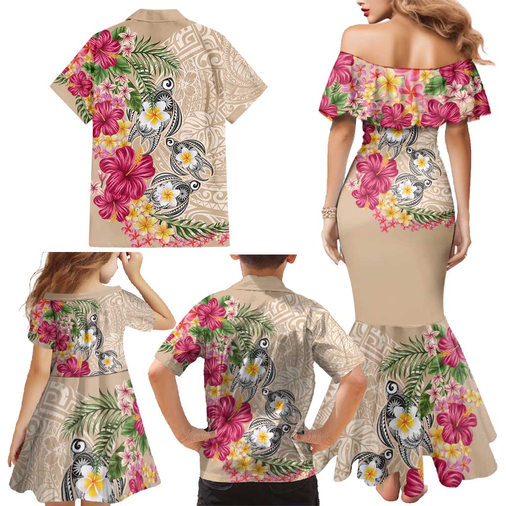 Hawaiian Tropical Flowers and Tribal Turtles Family Matching Mermaid Dress and Hawaiian Shirt Polynesian Art Motifs Beige Color - Polynesian Pride