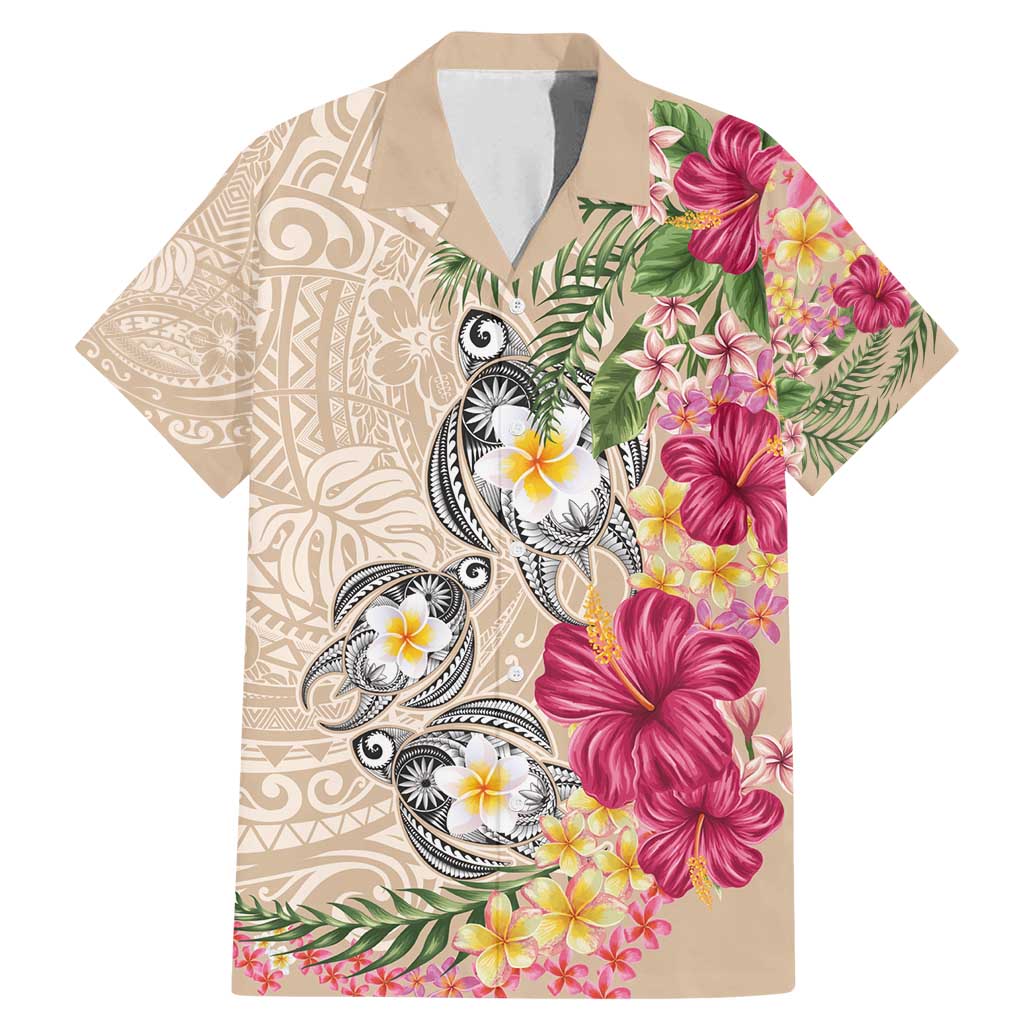 Hawaiian Tropical Flowers and Tribal Turtles Family Matching Mermaid Dress and Hawaiian Shirt Polynesian Art Motifs Beige Color - Polynesian Pride