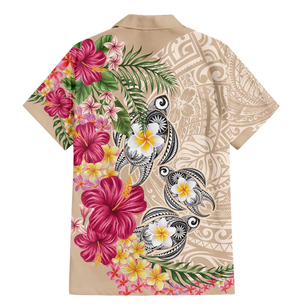 Hawaiian Tropical Flowers and Tribal Turtles Family Matching Mermaid Dress and Hawaiian Shirt Polynesian Art Motifs Beige Color - Polynesian Pride