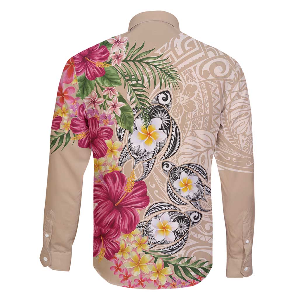 Hawaiian Tropical Flowers and Tribal Turtles Family Matching Mermaid Dress and Hawaiian Shirt Polynesian Art Motifs Beige Color - Polynesian Pride